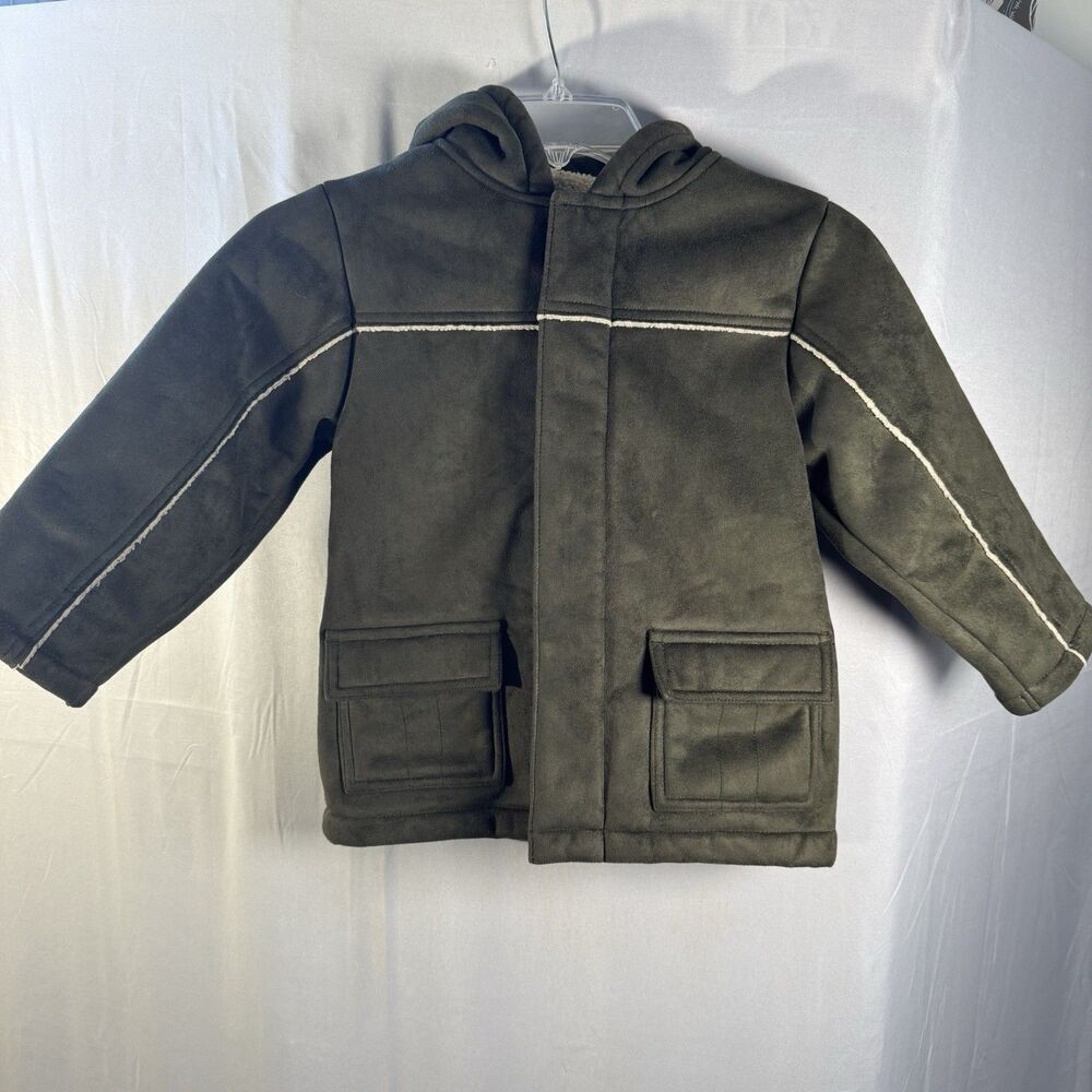 Gymboree Boys Sherpa Lined Hooded Coat XS 3/4 Green Faux Suede Winter Jacket